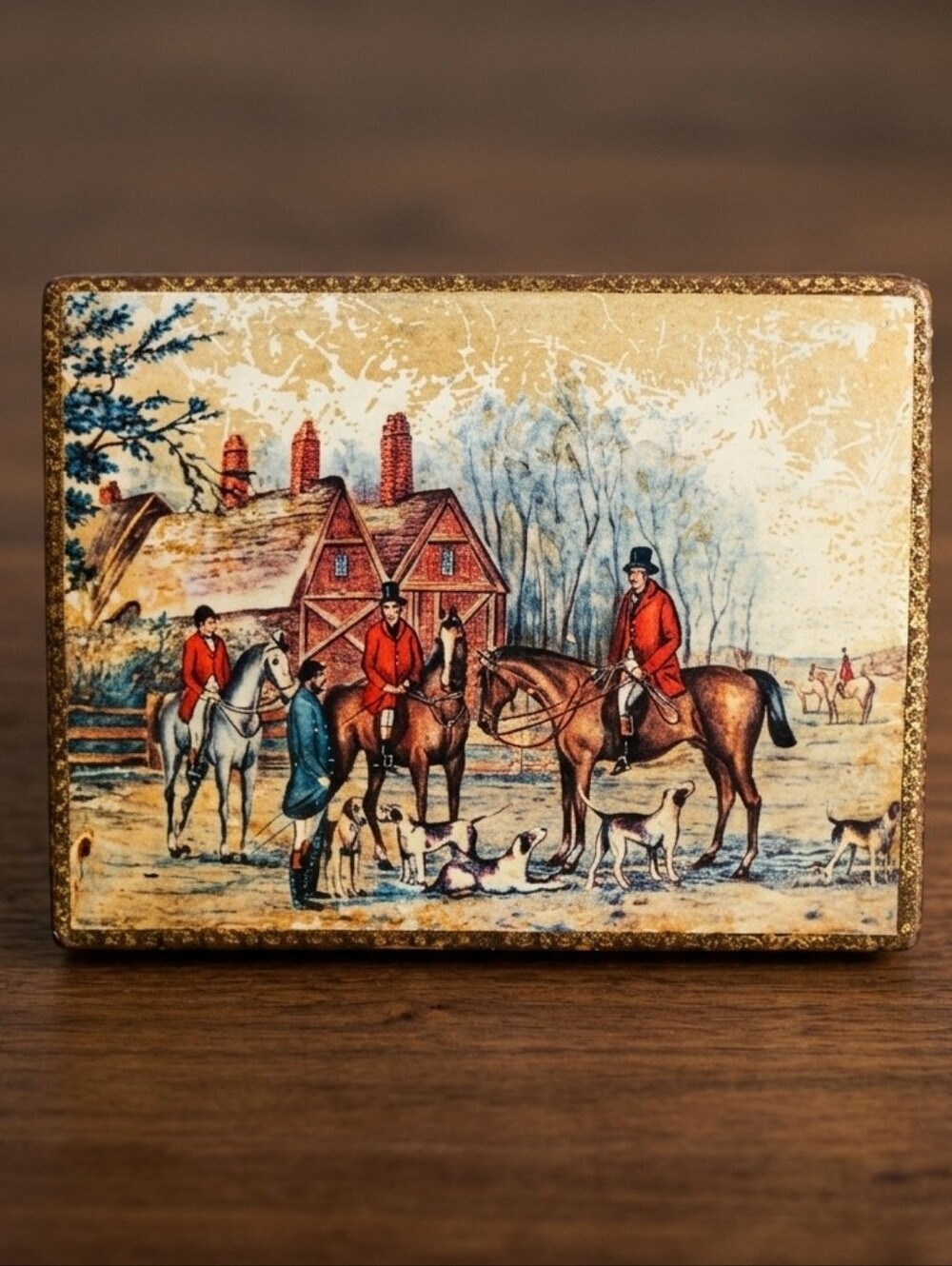 Vtg Wood Cork Lined Equestrian Fox Hunting Scene Keepsake Trinket Box 🏇